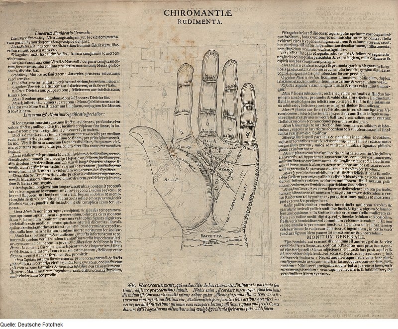 A chiromancy diagram: A left hand, with each finger, line, and mount labeled.